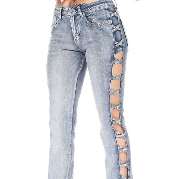 Platinum Plush Cross Me If You Dare Rhinestone Jeans - Picture 1 of 8